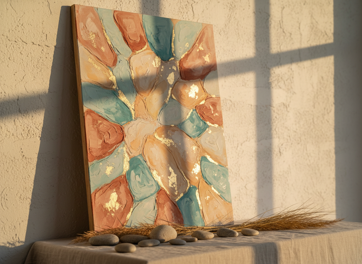 A large, weathered wooden canvas leaning against a sunlit white stucco wall, covered in layered abstract shapes inspired by the Atlantic coast of southwest France. Soft terracotta, muted turquoise, and warm sand tones blend with delicate gold leaf accents that catch the light. Around the base, smooth beach pebbles and dried dune grasses rest on a pale linen-draped table. Late afternoon golden hour light filters through an unseen window, casting elongated, poetic shadows and subtle highlights on the textured paint. Photographic realism, shot at eye level with a shallow depth of field, keeping the artwork in crisp focus while the background melts into a soft, sophisticated blur.