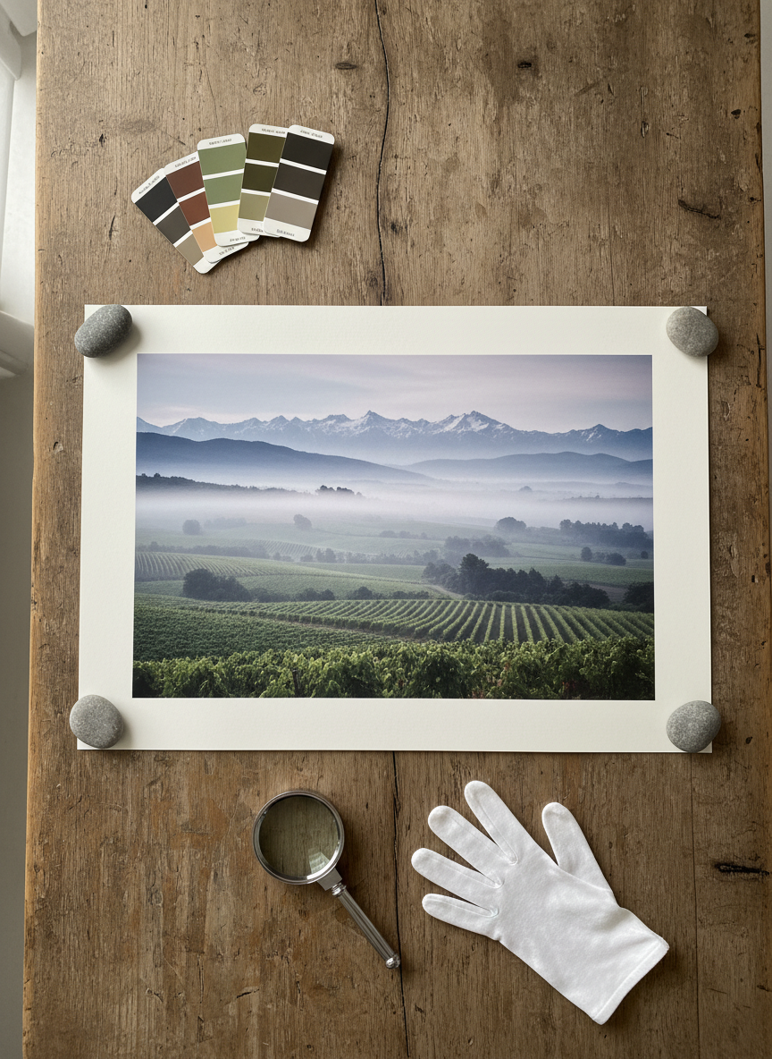 A fine-art photographic print lying on an oversized, rustic wooden table, depicting a dreamy, misty landscape of rolling vineyards and distant Pyrenees hills characteristic of southwest France. The print has a soft matte finish with a broad white border, its corners gently held by smooth river stones. Around the print, color swatches, a magnifying loupe, and a cotton inspection glove rest, suggesting meticulous curation. Soft overcast daylight filters from a nearby window, creating even, diffused illumination with almost no harsh shadows, enhancing the subtle tonal gradations in the photograph. The mood is refined, calm, and contemplative. Photographic realism, captured from directly above in a clean, balanced composition that emphasizes the artistry and print quality.