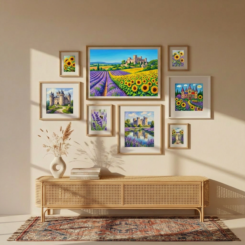 A bohemian-inspired gallery wall in a tranquil, sophisticated room, showcasing a curated mix of framed digital art, abstract paintings, and fine-art photography. The frames vary between pale oak, brushed brass, and matte white, holding artworks in muted earth tones, soft blues, and hints of terracotta, all subtly echoing the landscapes and light of southwest France. Below, a low plaster console holds a single sculptural ceramic vase with dried grasses and a stack of art books. Gentle golden hour sunlight enters from the side, creating layered shadows and rim-lighting the frame edges. Photographic realism, wide shot at eye level with a slightly off-center composition, evoking an elevated, boho-chic interior that reflects a cohesive artistic universe.