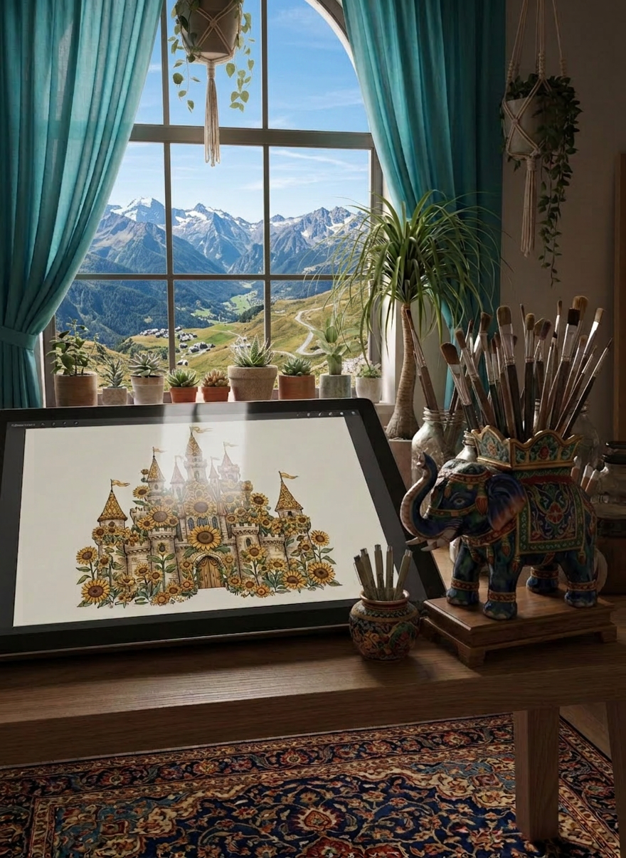 A minimalist bohemian studio corner featuring a large digital tablet resting on an oak worktable, its screen displaying an intricate, colorful boho-inspired digital artwork with layered patterns, celestial symbols, and delicate floral motifs. Beside it, vintage glass jars hold well-worn brushes and pigment sticks, and a ceramic cup contains neatly arranged stylus pens. The workspace sits near a tall window framed by gauzy linen curtains, with soft, diffused morning light illuminating the screen and creating gentle reflections on the smooth glass surface. The mood is contemplative and quietly luxurious. Photographic realism, captured from a slightly elevated angle with balanced composition, emphasizing the harmony between traditional art tools and modern digital creation.